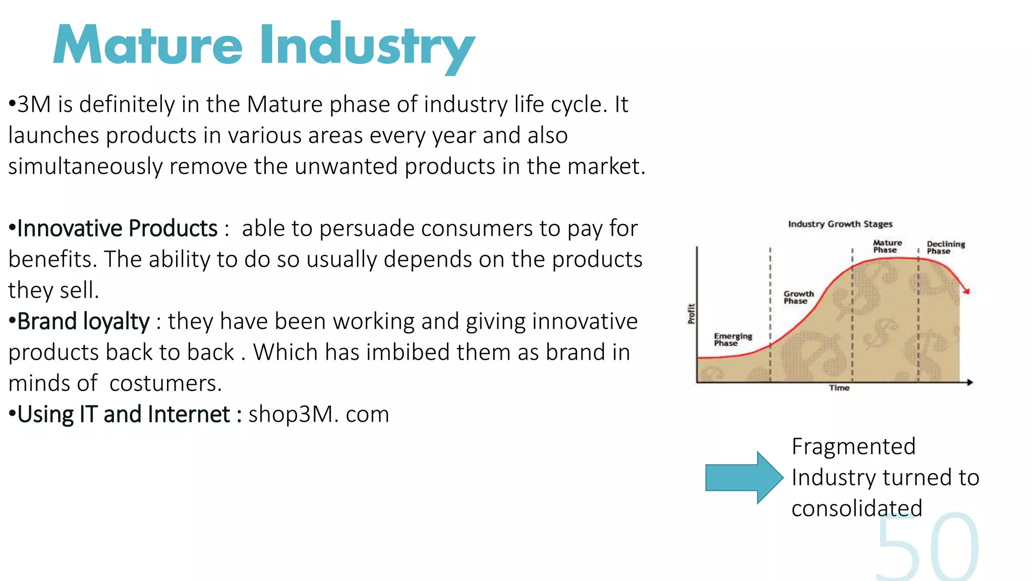 Mature Industry
•3M is definitely in the Mature phase of industry life cycle. It
launches products in various areas every year and also
simultaneously remove the unwanted products in the market.
•Innovative Products : able to persuade consumers to pay for
benefits. The ability to do so usually depends on the products
they sell.
•Brand loyalty : they have been working and giving innovative
products back to back . Which has imbibed them as brand in
minds of costumers.
•Using IT and Internet : shop3M. com
Fragmented
Industry turned to
consolidated
 