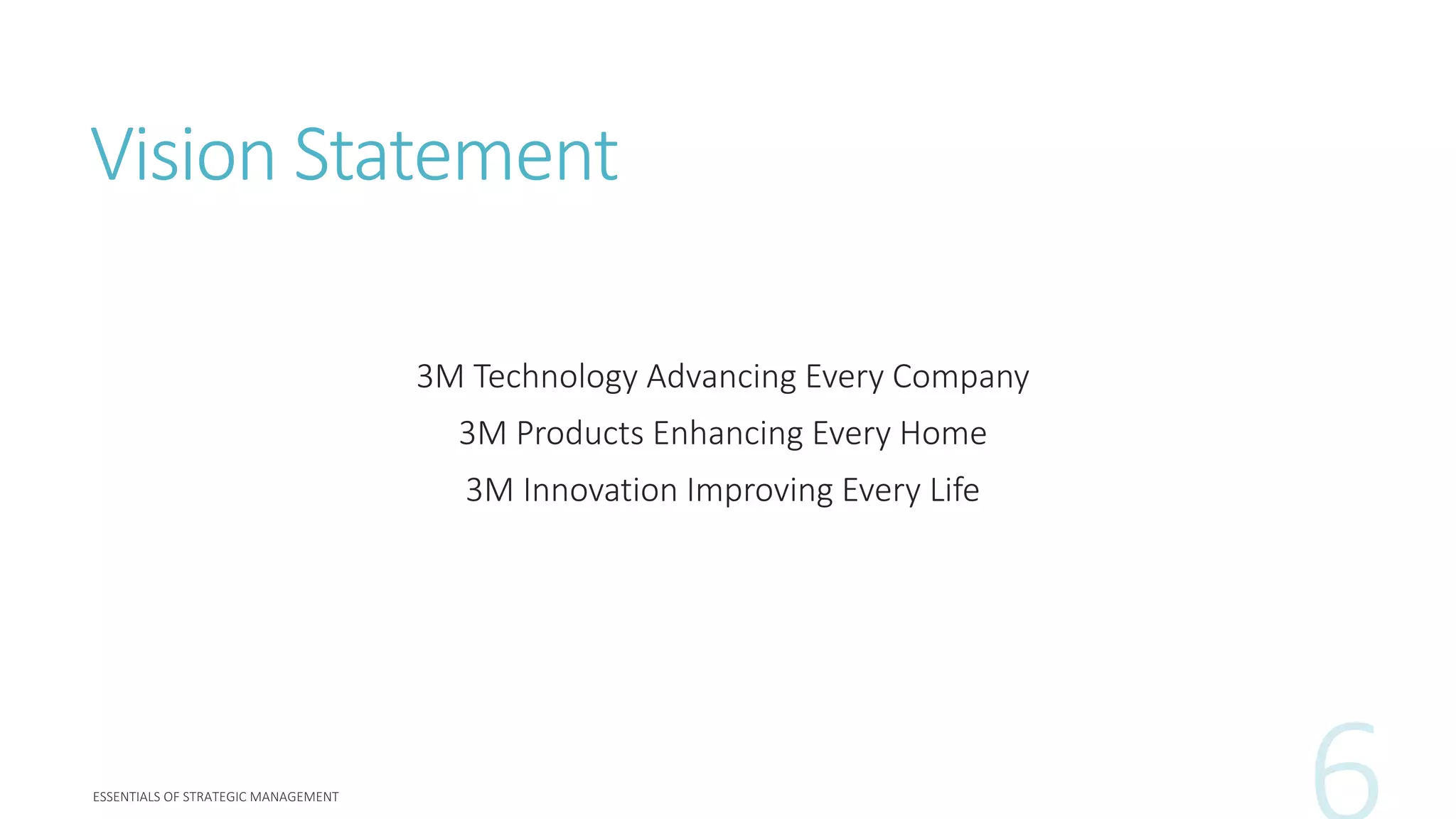 Vision Statement
3M Technology Advancing Every Company
3M Products Enhancing Every Home
3M Innovation Improving Every Life
 