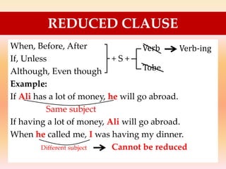 When, Before, After
If, Unless + S +
Although, Even though
Example:
If Ali has a lot of money, he will go abroad.
Same subject
If having a lot of money, Ali will go abroad.
When he called me, I was having my dinner.
Different subject Cannot be reduced
REDUCED CLAUSE
Verb
Tobe
Verb-ing
 