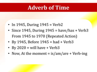 Adverb of Time
• In 1945, During 1945 = Verb2
• Since 1945, During 1945 = have/has + Verb3
From 1945 to 1970 (Repeated Action)
• By 1945, Before 1945 = had + Verb3
• By 2020 = will have + Verb3
• Now, At the moment = is/am/are + Verb-ing
 