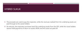HYBRID SUKUK
 The proceeds are used to pay the originator, while the revenues realized from the underlying assets are
paid through to the sukuk holders.
 At maturity, the originator purchases back the underlying assets from the SPV, while the sukuk holders
receive fixed payments of return on assets (ROA) and the sukuk are paid off.
 