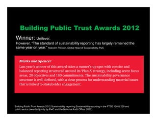 Building Public Trust Awards 2012:Sustainability reporting Sustainability reporting in the FTSE 100 & 250 and
public sector (awarded jointly by PwC and the National Audit Office: 2012)
Winner: Unilever.
However, “The standard of sustainability reporting has largely remained the
same year on year.” Malcolm Preston, Global Head of Sustainability, PwC
Building Public Trust Awards 2012
 