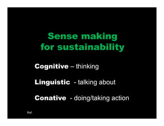 Sense making
for sustainability
Cognitive – thinking
Linguistic - talking about
Conative - doing/taking action
Ref:
 