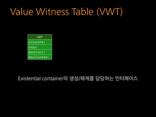 Value Witness Table (VWT)
VWT
allocate:
copy:
destruct:
deallocate:
Existential container의 생성/해제를 담당하는 인터페이스
 