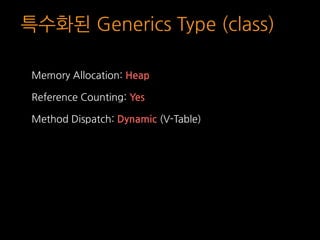 특수화된 Generics Type (class)
Memory Allocation: Heap
Reference Counting: Yes
Method Dispatch: Dynamic (V-Table)
 
