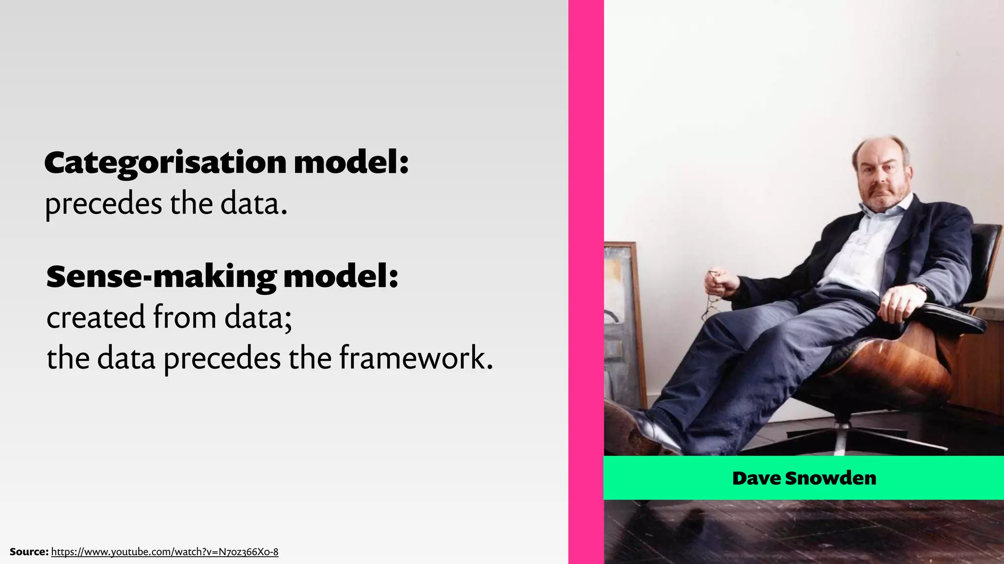 Categorisation model:
precedes the data.
Sense-making model:
created from data;
the data precedes the framework.
Dave Snowden
Source: https://www.youtube.com/watch?v=N7oz366X0-8
 