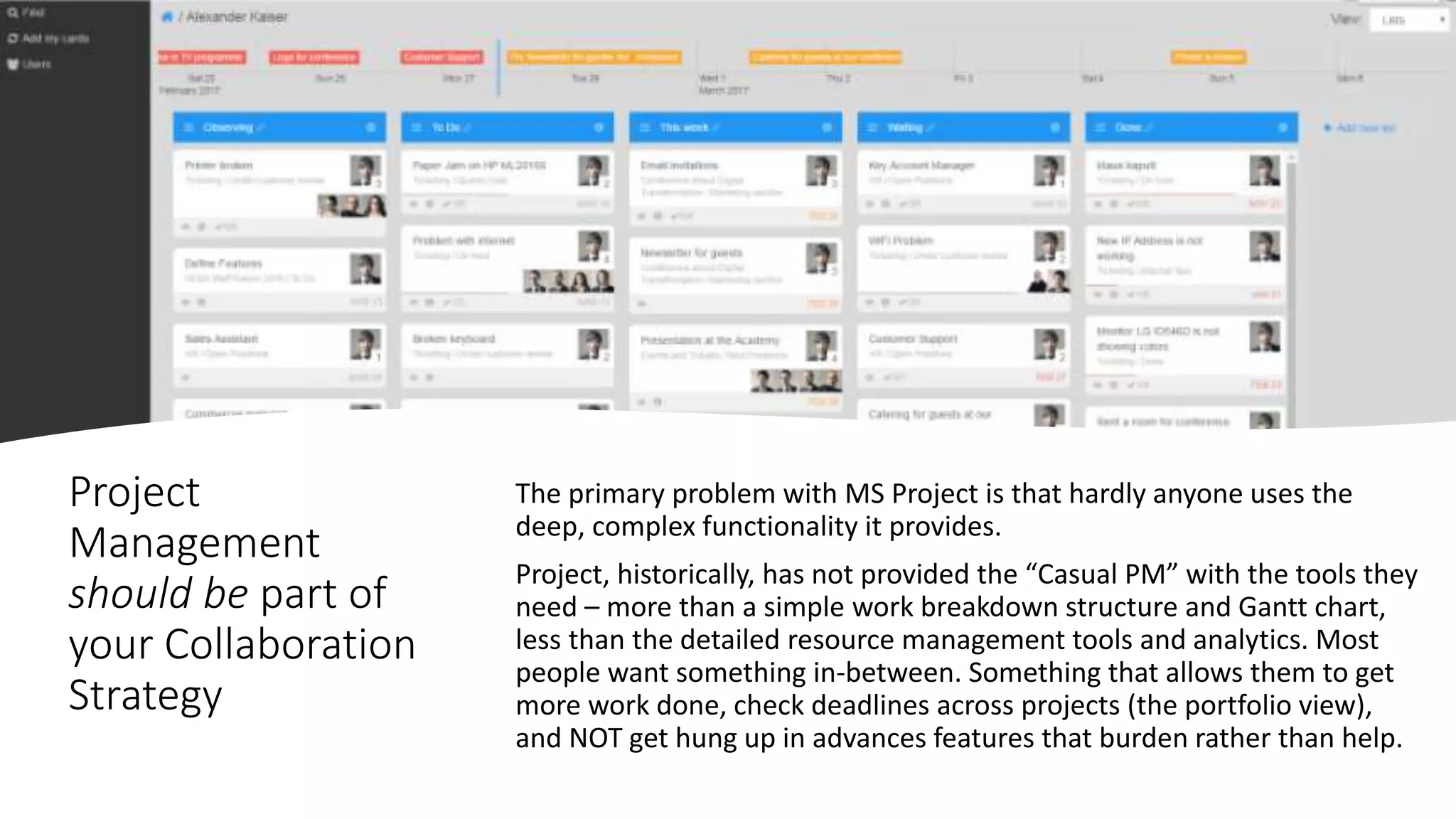 Project
Management
should be part of
your Collaboration
Strategy
The primary problem with MS Project is that hardly anyone uses the
deep, complex functionality it provides.
Project, historically, has not provided the “Casual PM” with the tools they
need – more than a simple work breakdown structure and Gantt chart,
less than the detailed resource management tools and analytics. Most
people want something in-between. Something that allows them to get
more work done, check deadlines across projects (the portfolio view),
and NOT get hung up in advances features that burden rather than help.
 