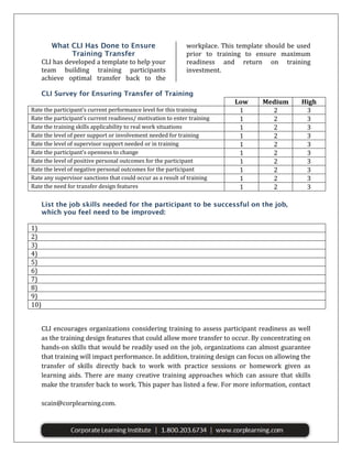 CLI has developed a template to help your
team building training participants
achieve optimal transfer back to the

workplace. This template should be used
prior to training to ensure maximum
readiness and return on training
investment.

Rate the participant’s current performance level for this training
Rate the participant’s current readiness/ motivation to enter training
Rate the training skills applicability to real work situations
Rate the level of peer support or involvement needed for training
Rate the level of supervisor support needed or in training
Rate the participant’s openness to change
Rate the level of positive personal outcomes for the participant
Rate the level of negative personal outcomes for the participant
Rate any supervisor sanctions that could occur as a result of training
Rate the need for transfer design features

Low
1
1
1
1
1
1
1
1
1
1

Medium
2
2
2
2
2
2
2
2
2
2

High
3
3
3
3
3
3
3
3
3
3

1)
2)
3)
4)
5)
6)
7)
8)
9)
10)
CLI encourages organizations considering training to assess participant readiness as well
as the training design features that could allow more transfer to occur. By concentrating on
hands-on skills that would be readily used on the job, organizations can almost guarantee
that training will impact performance. In addition, training design can focus on allowing the
transfer of skills directly back to work with practice sessions or homework given as
learning aids. There are many creative training approaches which can assure that skills
make the transfer back to work. This paper has listed a few. For more information, contact
the Corporate Learning Institute at 1.800.203.6734, or Dr. Susan Cain at scain@corplearning.com
scain@corplearning.com.

 