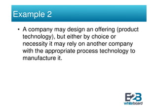 Example 2
 • A company may design an offering (product
   technology), but either by choice or
   necessity it may rely on another company
   with the appropriate process technology to
   manufacture it.
 