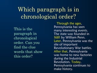 Which paragraph is in
chronological order?
Through the ages,
Pennsylvania has seen
many interesting events.
The state was founded in
1681 by William Penn.
Later, Pennsylvania was the
site of important
Revolutionary War battles.
After that, Pennsylvania
was home to new factories
during the Industrial
Revolution. Today,
Pennsylvania continues to
make history.
This is the
paragraph in
chronological
order. Can you
find the clue
words that show
this order?
 
