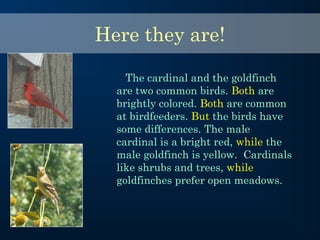 Here they are!
The cardinal and the goldfinch
are two common birds. Both are
brightly colored. Both are common
at birdfeeders. But the birds have
some differences. The male
cardinal is a bright red, while the
male goldfinch is yellow. Cardinals
like shrubs and trees, while
goldfinches prefer open meadows.
 