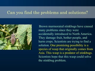 Can you find the problems and solutions?
Brown marmorated stinkbugs have caused
many problems since they were
accidentally introduced to North America.
They damage fruit, bother people, and
harm crops. Scientists are trying to find a
solution. One promising possibility is a
species of wasp that originally comes from
Asia. This wasp is a predator of stinkbugs.
Scientists hope that this wasp could solve
the stinkbug problem.
 