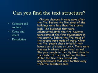 Can you find the text structure?
• Compare and
contrast
• Cause and
effect
• Description
Chicago changed in many ways after
the fire. Before the fire, most of the
buildings were less than five stories
high. The buildings that were
constructed after the fire, however,
were some of the first skyscrapers in
the country. Before the fire, most of
the houses were made of wood. After
the fire, people chose to build their
houses out of stone or brick. There were
changes in where people lived, as well.
The poor people in the city lived close to
the center of the city before the fire.
After the fire, they moved into
neighborhoods that were farther away
from the downtown area.
 