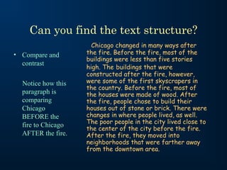 Can you find the text structure?
• Compare and
contrast
Notice how this
paragraph is
comparing
Chicago
BEFORE the
fire to Chicago
AFTER the fire.
Chicago changed in many ways after
the fire. Before the fire, most of the
buildings were less than five stories
high. The buildings that were
constructed after the fire, however,
were some of the first skyscrapers in
the country. Before the fire, most of
the houses were made of wood. After
the fire, people chose to build their
houses out of stone or brick. There were
changes in where people lived, as well.
The poor people in the city lived close to
the center of the city before the fire.
After the fire, they moved into
neighborhoods that were farther away
from the downtown area.
 