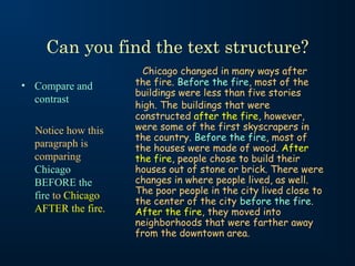 Can you find the text structure?
• Compare and
contrast
Notice how this
paragraph is
comparing
Chicago
BEFORE the
fire to Chicago
AFTER the fire.
Chicago changed in many ways after
the fire. Before the fire, most of the
buildings were less than five stories
high. The buildings that were
constructed after the fire, however,
were some of the first skyscrapers in
the country. Before the fire, most of
the houses were made of wood. After
the fire, people chose to build their
houses out of stone or brick. There were
changes in where people lived, as well.
The poor people in the city lived close to
the center of the city before the fire.
After the fire, they moved into
neighborhoods that were farther away
from the downtown area.
 