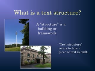 What is a text structure?
A “structure” is a
building or
framework.
“Text structure”
refers to how a
piece of text is built.
 