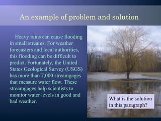 An example of problem and solution
Heavy rains can cause flooding
in small streams. For weather
forecasters and local authorities,
this flooding can be difficult to
predict. Fortunately, the United
States Geological Survey (USGS)
has more than 7,000 streamgages
that measure water flow. These
streamgages help scientists to
monitor water levels in good and
bad weather.
What is the solution
in this paragraph?
 