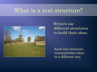 What is a text structure?
Writers use
different structures
to build their ideas.
Each text structure
communicates ideas
in a different way
 