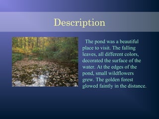 The pond was a beautiful
place to visit. The falling
leaves, all different colors,
decorated the surface of the
water. At the edges of the
pond, small wildflowers
grew. The golden forest
glowed faintly in the distance.
Description
 