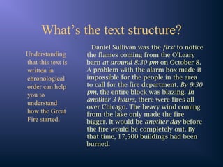 What’s the text structure?
Understanding
that this text is
written in
chronological
order can help
you to
understand
how the Great
Fire started.
Daniel Sullivan was the first to notice
the flames coming from the O’Leary
barn at around 8:30 pm on October 8.
A problem with the alarm box made it
impossible for the people in the area
to call for the fire department. By 9:30
pm, the entire block was blazing. In
another 3 hours, there were fires all
over Chicago. The heavy wind coming
from the lake only made the fire
bigger. It would be another day before
the fire would be completely out. By
that time, 17,500 buildings had been
burned.
 