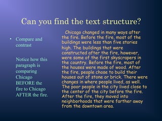 Can you find the text structure?
• Compare and
contrast
Notice how this
paragraph is
comparing
Chicago
BEFORE the
fire to Chicago
AFTER the fire.
Chicago changed in many ways after
the fire. Before the fire, most of the
buildings were less than five stories
high. The buildings that were
constructed after the fire, however,
were some of the first skyscrapers in
the country. Before the fire, most of
the houses were made of wood. After
the fire, people chose to build their
houses out of stone or brick. There were
changes in where people lived, as well.
The poor people in the city lived close to
the center of the city before the fire.
After the fire, they moved into
neighborhoods that were farther away
from the downtown area.
 