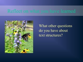 Reflect on what you have learned
What other questions
do you have about
text structures?
 