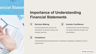 Importance of Understanding
Financial Statements
1 Decision Making
Financial statements provide vital
information for decision-making and
strategic planning.
2 Investor Confidence
Understanding financial statements
can attract potential investors and
shareholders.
3 Compliance
Understanding financial statements is essential for regulatory compliance and tax
requirements.
 