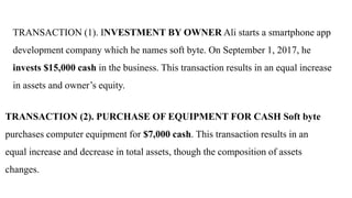 TRANSACTION (1). INVESTMENT BY OWNER Ali starts a smartphone app
development company which he names soft byte. On September 1, 2017, he
invests $15,000 cash in the business. This transaction results in an equal increase
in assets and owner’s equity.
TRANSACTION (2). PURCHASE OF EQUIPMENT FOR CASH Soft byte
purchases computer equipment for $7,000 cash. This transaction results in an
equal increase and decrease in total assets, though the composition of assets
changes.
 