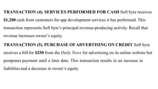 TRANSACTION (4). SERVICES PERFORMED FOR CASH Soft byte receives
$1,200 cash from customers for app development services it has performed. This
transaction represents Soft byte’s principal revenue-producing activity. Recall that
revenue increases owner’s equity.
TRANSACTION (5). PURCHASE OFADVERTISING ON CREDIT Soft byte
receives a bill for $250 from the Daily News for advertising on its online website but
postpones payment until a later date. This transaction results in an increase in
liabilities and a decrease in owner’s equity.
 