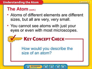 The Atom (cont.)
• Atoms of different elements are different
  sizes, but all are very, very small.
• You cannot see atoms with just your
  eyes or even with most microscopes.



        How would you describe the
        size of an atom?
 