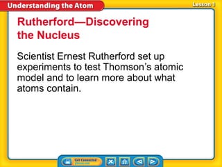 Rutherford—Discovering
the Nucleus
Scientist Ernest Rutherford set up
experiments to test Thomson’s atomic
model and to learn more about what
atoms contain.
 