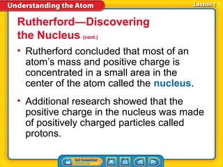 Rutherford—Discovering
the Nucleus (cont.)
• Rutherford concluded that most of an
  atom’s mass and positive charge is
  concentrated in a small area in the
  center of the atom called the nucleus.
• Additional research showed that the
  positive charge in the nucleus was made
  of positively charged particles called
  protons.
 