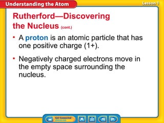Rutherford—Discovering
the Nucleus (cont.)
• A proton is an atomic particle that has
  one positive charge (1+).
• Negatively charged electrons move in
  the empty space surrounding the
  nucleus.
 