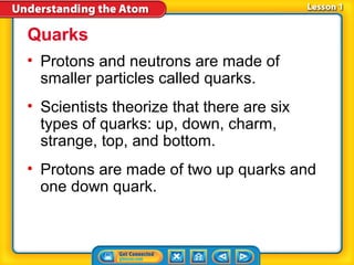 Quarks
• Protons and neutrons are made of
  smaller particles called quarks.
• Scientists theorize that there are six
  types of quarks: up, down, charm,
  strange, top, and bottom.
• Protons are made of two up quarks and
  one down quark.
 