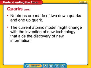 Quarks (cont.)
• Neutrons are made of two down quarks
  and one up quark.
• The current atomic model might change
  with the invention of new technology
  that aids the discovery of new
  information.
 