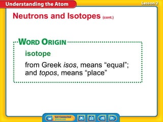 Neutrons and Isotopes (cont.)



   isotope
   from Greek isos, means “equal”;
   and topos, means “place”
 