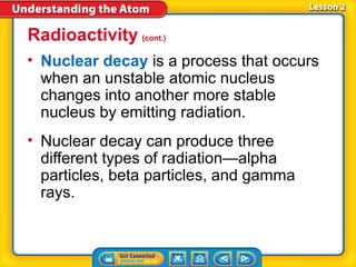 Radioactivity (cont.)
• Nuclear decay is a process that occurs
  when an unstable atomic nucleus
  changes into another more stable
  nucleus by emitting radiation.
• Nuclear decay can produce three
  different types of radiation—alpha
  particles, beta particles, and gamma
  rays.
 