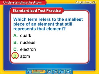 Which term refers to the smallest
piece of an element that still
represents that element?
A. quark
B. nucleus
C. electron
D. atom
 