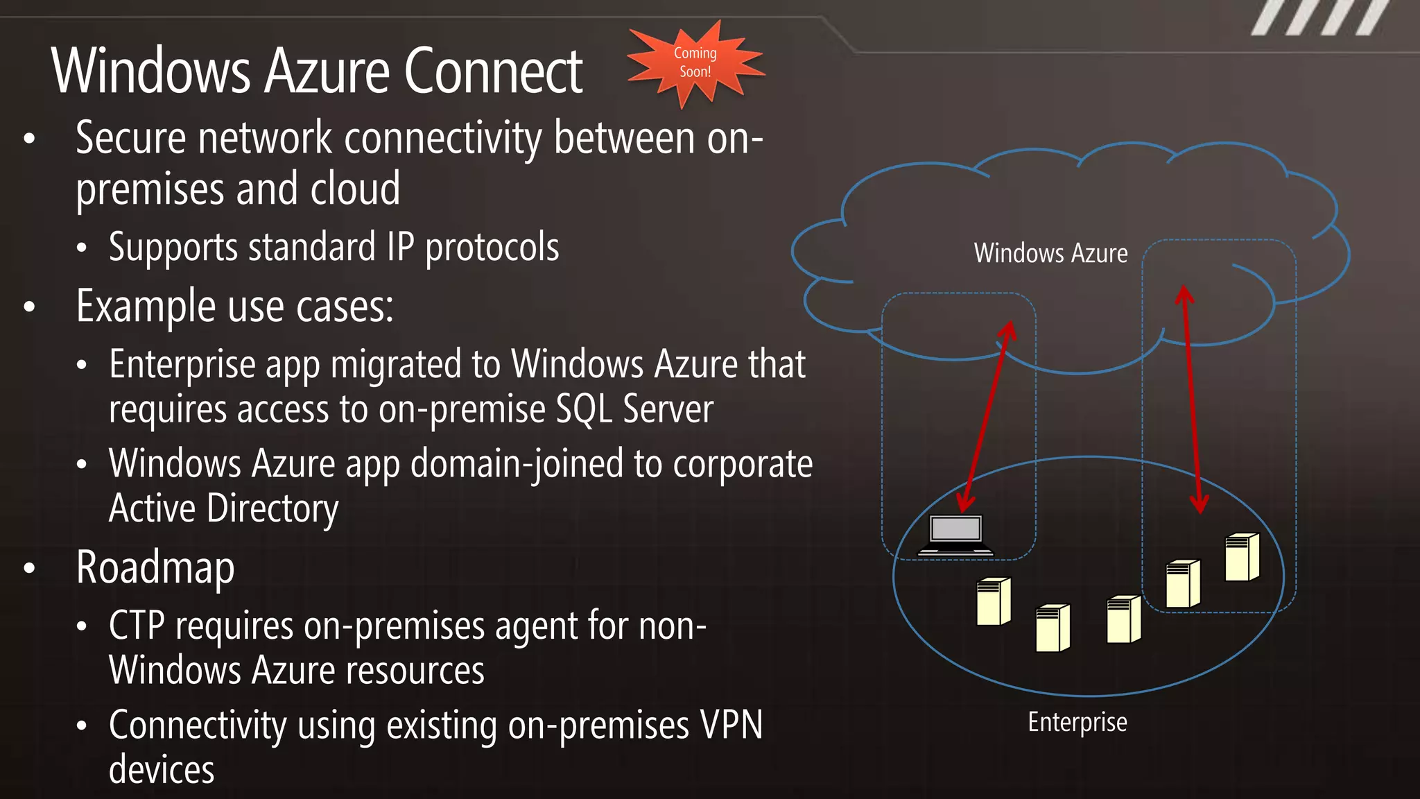 SAS 70 Type I and II  AttestationsWindows Azure Platform ApplianceAzure Service in Your DatacenterIdentical to the hardware in Azure datacentersDelivered by a choice of hardware partnersBenefitsPhysical ControlGeographic ProximityRegulatory ComplianceData Sovereignty Currently in development with several partnersFujitsu, Dell, HP, and eBayMicrosoftService ProviderCustomer