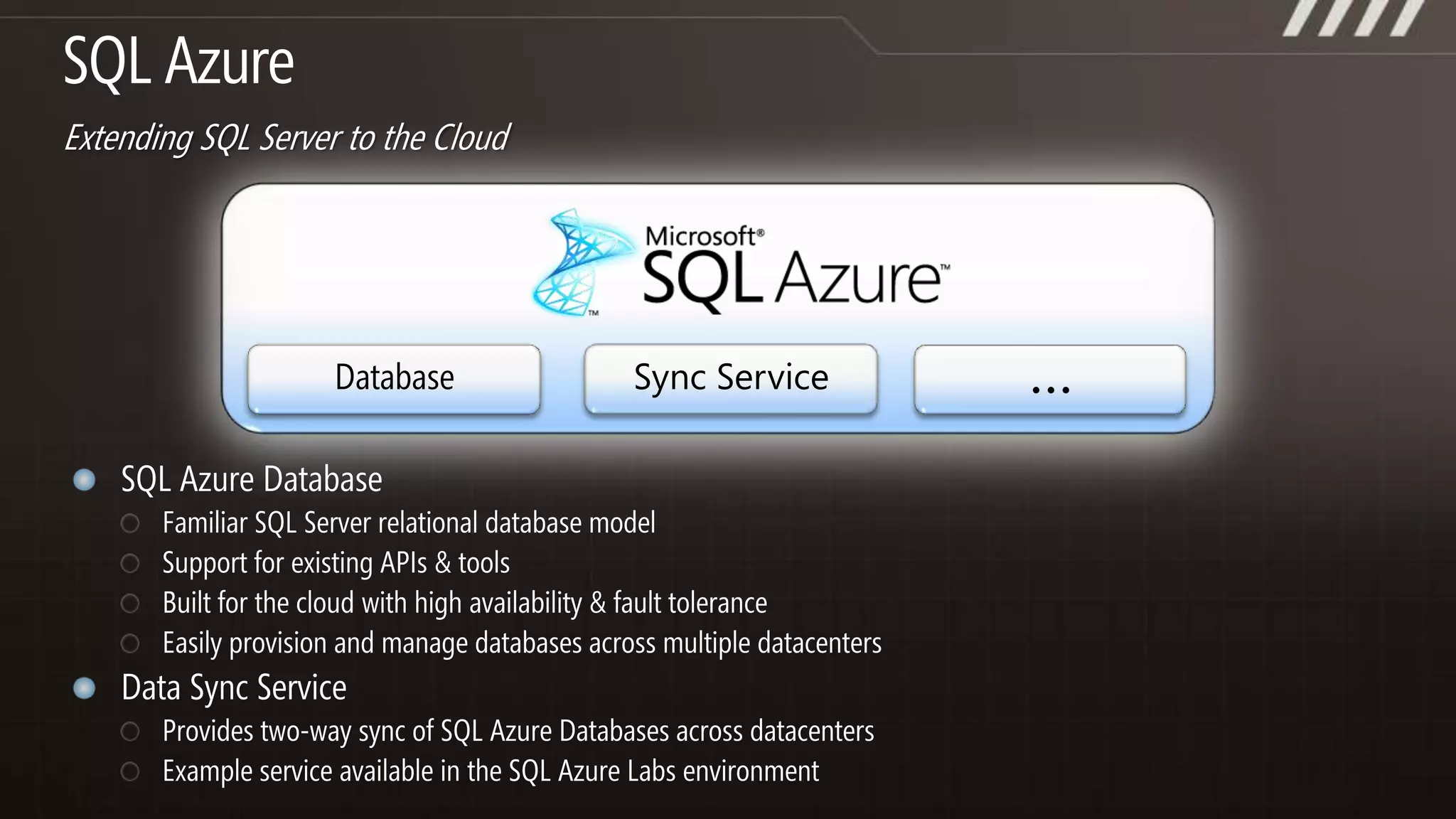 Window Azure Platform – The Big PictureWindows Azure AppFabricSQL AzureApplicationsWindows AzureApplicationsOthersMobileDesktopServer