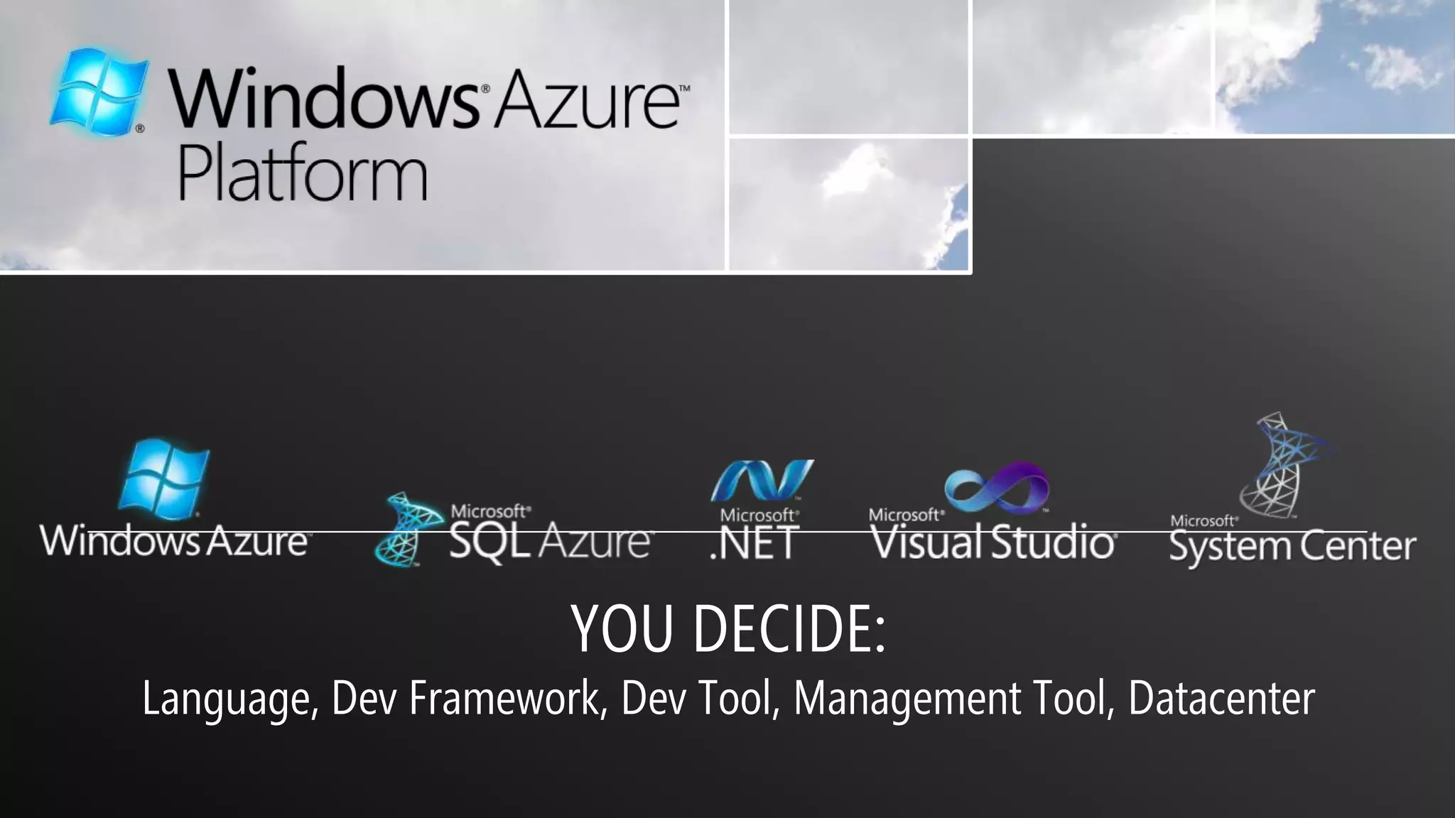 YOU DECIDE:Language, Dev Framework, Dev Tool, Management Tool, Datacenter