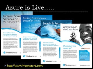 Azure is Live…..




http://www.liveonazure.com/
 
