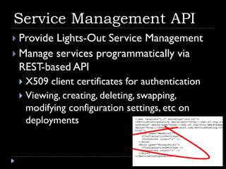 Service Management API
 ProvideLights-Out Service Management
 Manage services programmatically via
  REST-based API
  X509 client certificates for authentication
  Viewing, creating, deleting, swapping,
   modifying configuration settings, etc on
   deployments
 