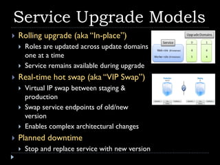 Service Upgrade Models
   Rolling upgrade (aka “In-place”)
       Roles are updated across update domains
        one at a time
       Service remains available during upgrade
   Real-time hot swap (aka “VIP Swap”)
       Virtual IP swap between staging &
        production
       Swap service endpoints of old/new
        version
       Enables complex architectural changes
   Planned downtime
       Stop and replace service with new version
 
