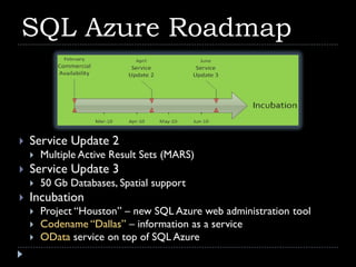 SQL Azure Roadmap



   Service Update 2
       Multiple Active Result Sets (MARS)
   Service Update 3
       50 Gb Databases, Spatial support
   Incubation
       Project “Houston” – new SQL Azure web administration tool
       Codename “Dallas” – information as a service
       OData service on top of SQL Azure
 