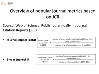 Overview of popular journal metrics based
on JCR
Source: Web of Science. Published annually in Journal
Citation Reports (J...