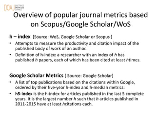 h – index [Source: WoS, Google Scholar or Scopus ]
• Attempts to measure the productivity and citation impact of the
publi...