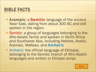 <ul><li>Aramaic : a  Semitic  language of the ancient Near East, dating from about 300 BC and still spoken in the region. ...