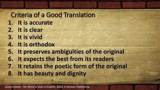 Criteria of a Good Translation
1. It is accurate
2. It is clear
3. It is vivid
4. It is orthodox
5. It preserves ambiguities of the original
6. It expects the best from its readers
7. It retains the poetic form of the original
8. It has beauty and dignity
Leland Ryken, The Word of God in English, 2002, Crossway Publisherw
 