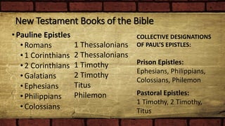 New Testament Books of the Bible
•Pauline Epistles
•Romans
•1 Corinthians
•2 Corinthians
•Galatians
•Ephesians
•Philippians
•Colossians
1 Thessalonians
2 Thessalonians
1 Timothy
2 Timothy
Titus
Philemon
COLLECTIVE DESIGNATIONS
OF PAUL’S EPISTLES:
Prison Epistles:
Ephesians, Philippians,
Colossians, Philemon
Pastoral Epistles:
1 Timothy, 2 Timothy,
Titus
 